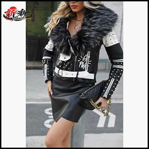 Faux Leather Jacket Studded Rivet Floral Moto Biker Short Lapel Coat - Picture 2 of 7
